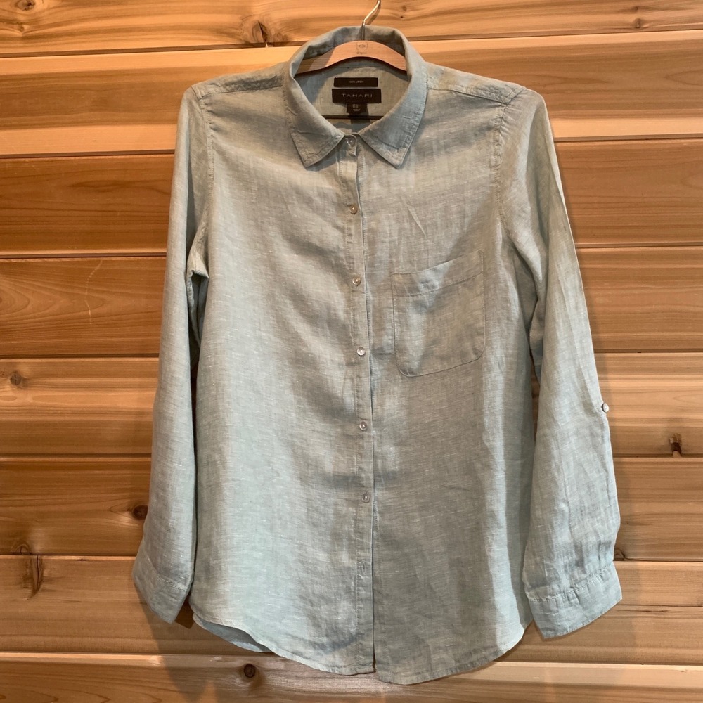 Tahari Shirt Women's M Sage Green 100% Linen Button Front Roll Tab Sleeve Blouse